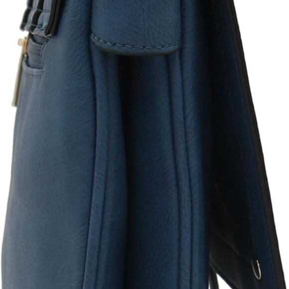 Double Compartment Faux Leather Crossbody Bag Navy Blue Zipper Closure - Picture 4 of 6
